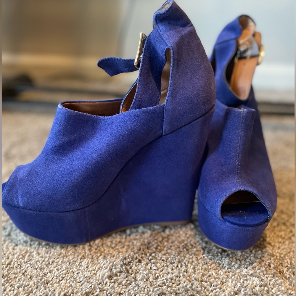 Steve Madden x LF tall blue suede wedges with ankle strap